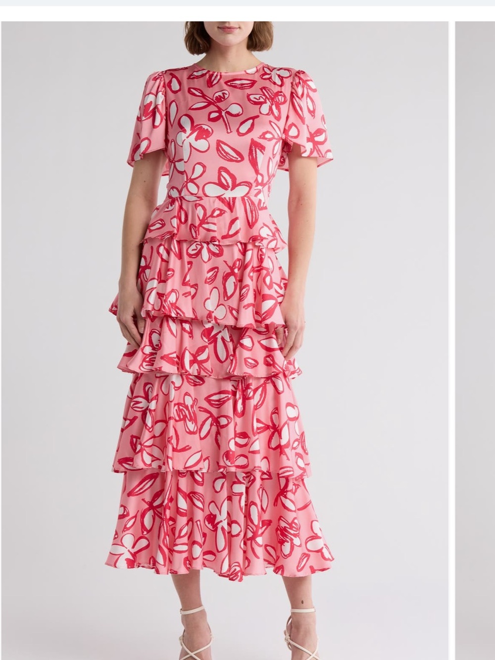 Women's Pink Floral Tiered Maxi Dress with Short Sleeves